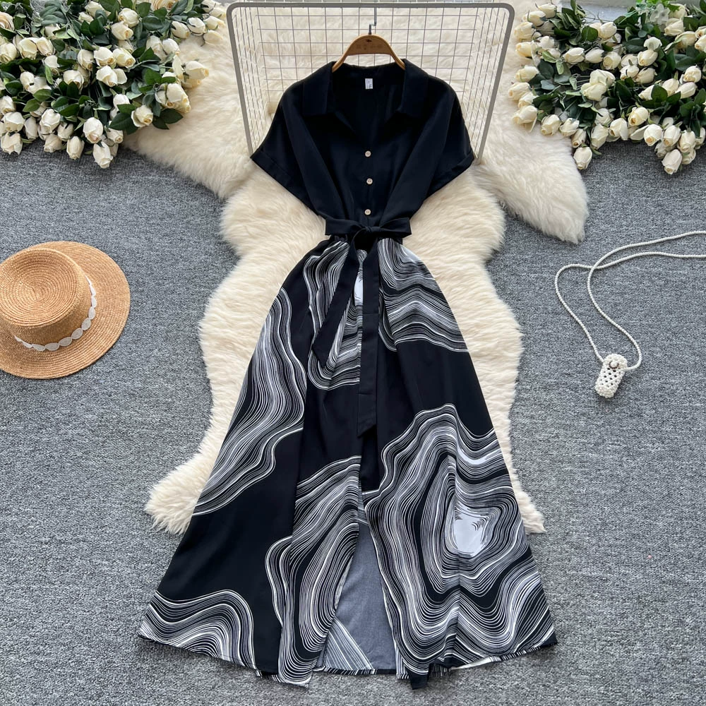 Strappy waist lapel short-sleeved printed dress - Image 5