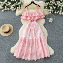 French scheming design one-shoulder strap ruffled patchwork waist dress - pink