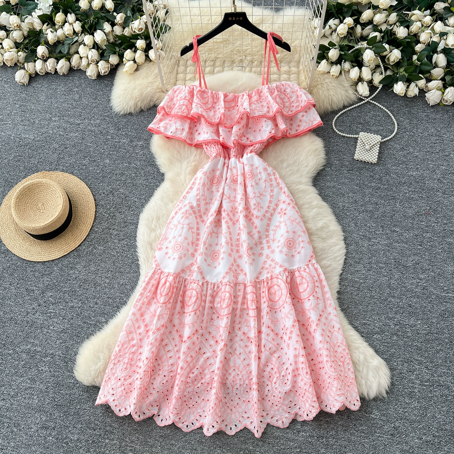 French scheming design one-shoulder strap ruffled patchwork waist dress - Image 3