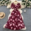 French design square neck strap waist puff sleeve printed dress - Claret