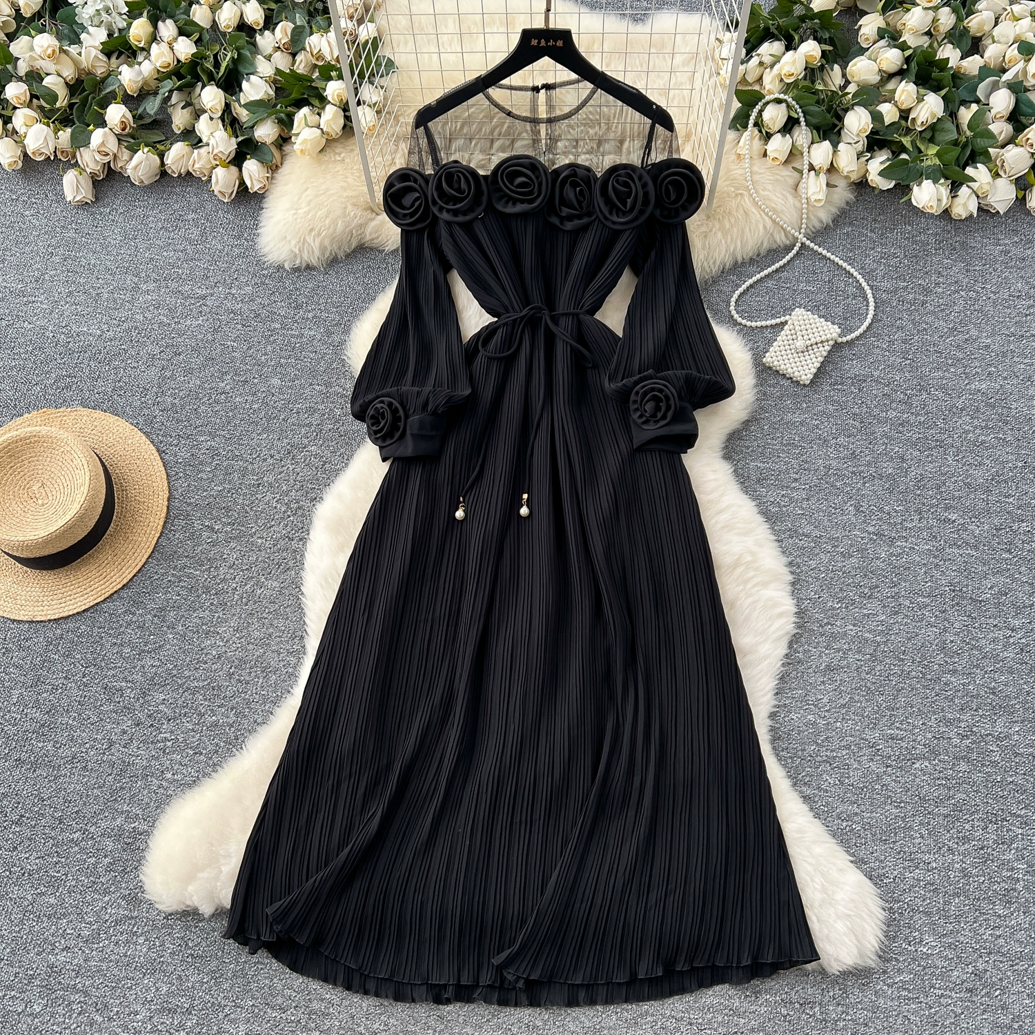 French high-end three-dimensional flower mesh splicing long-sleeved waist pleated dress - Image 5