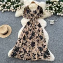 French design square neck strap waist puff sleeve printed dress - Khaki