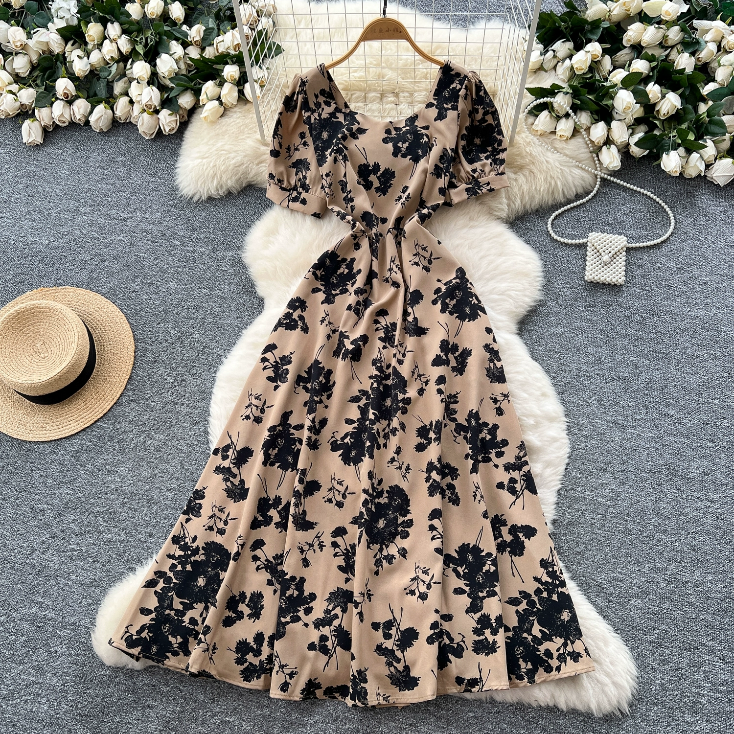 French design square neck strap waist puff sleeve printed dress - Image 5