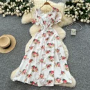 French design square neck strap waist puff sleeve printed dress - White