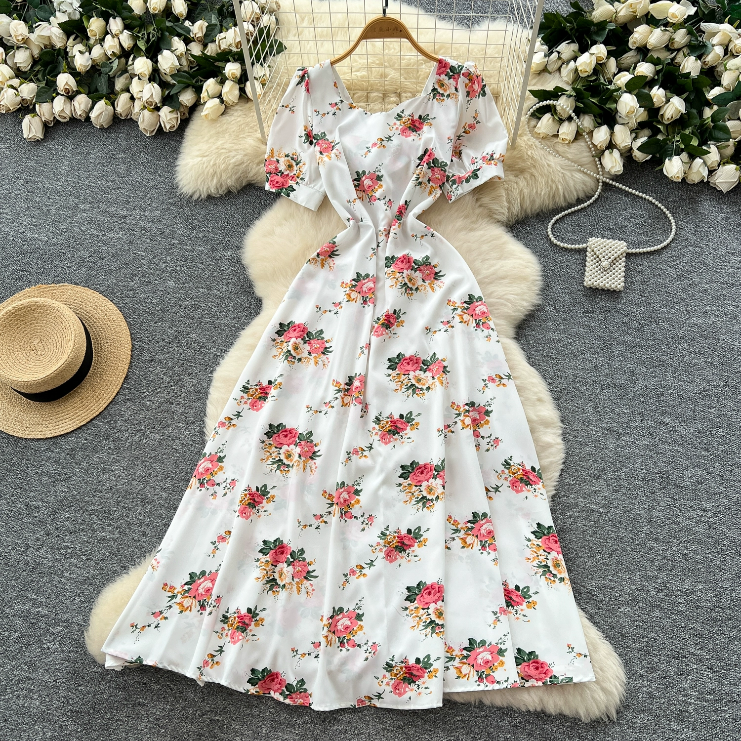 French design square neck strap waist puff sleeve printed dress - Image 3