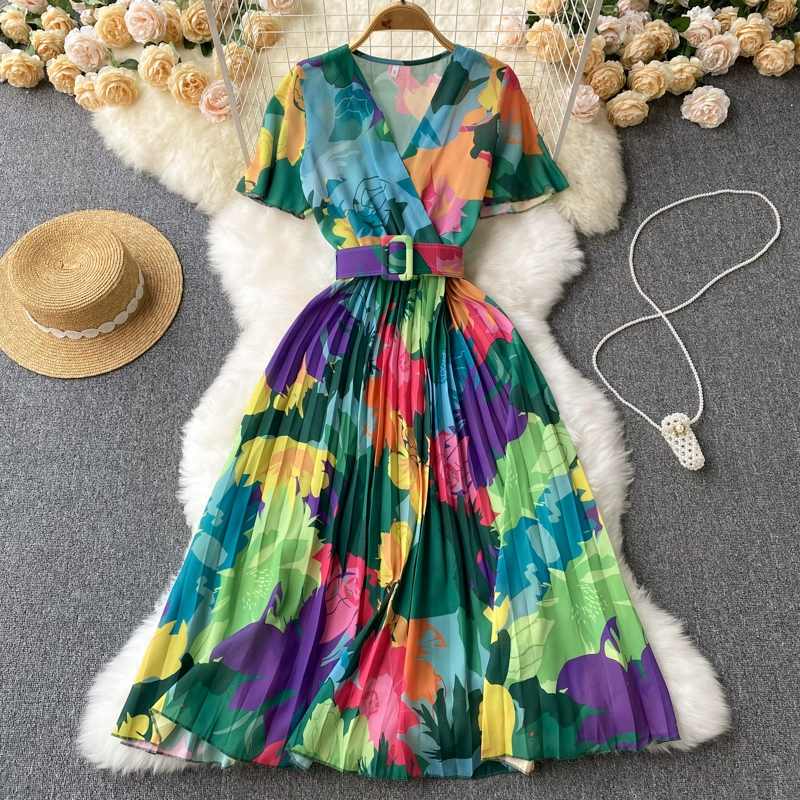Super fairy seaside vacation V-neck floral dress