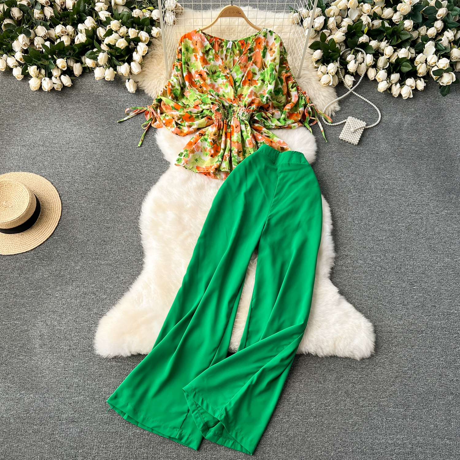 High-waisted wide-leg pants and fashionable two-piece suit - Image 7