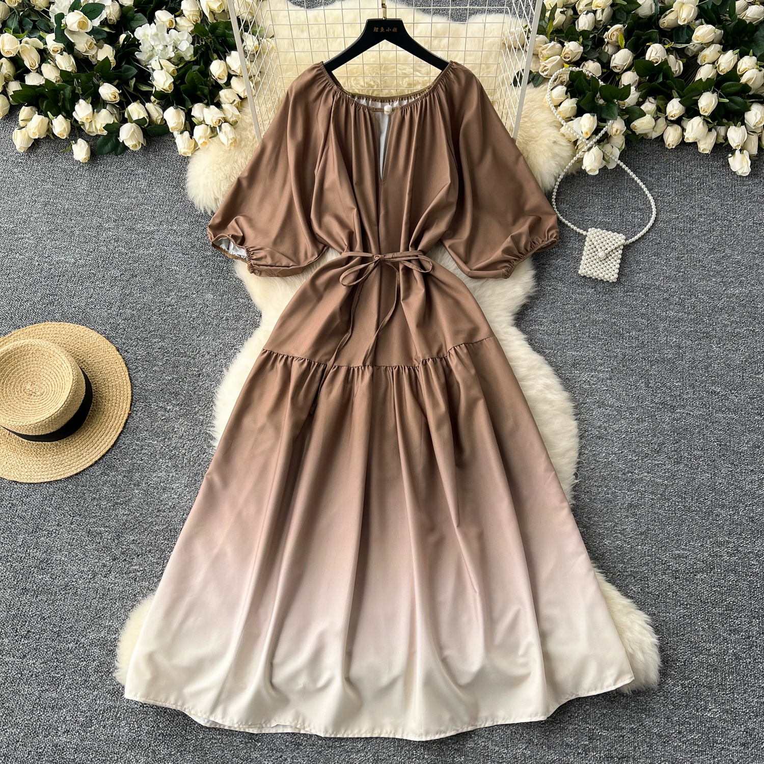 Hollow round neck lantern sleeve waist waist gradient long skirt - Image 3