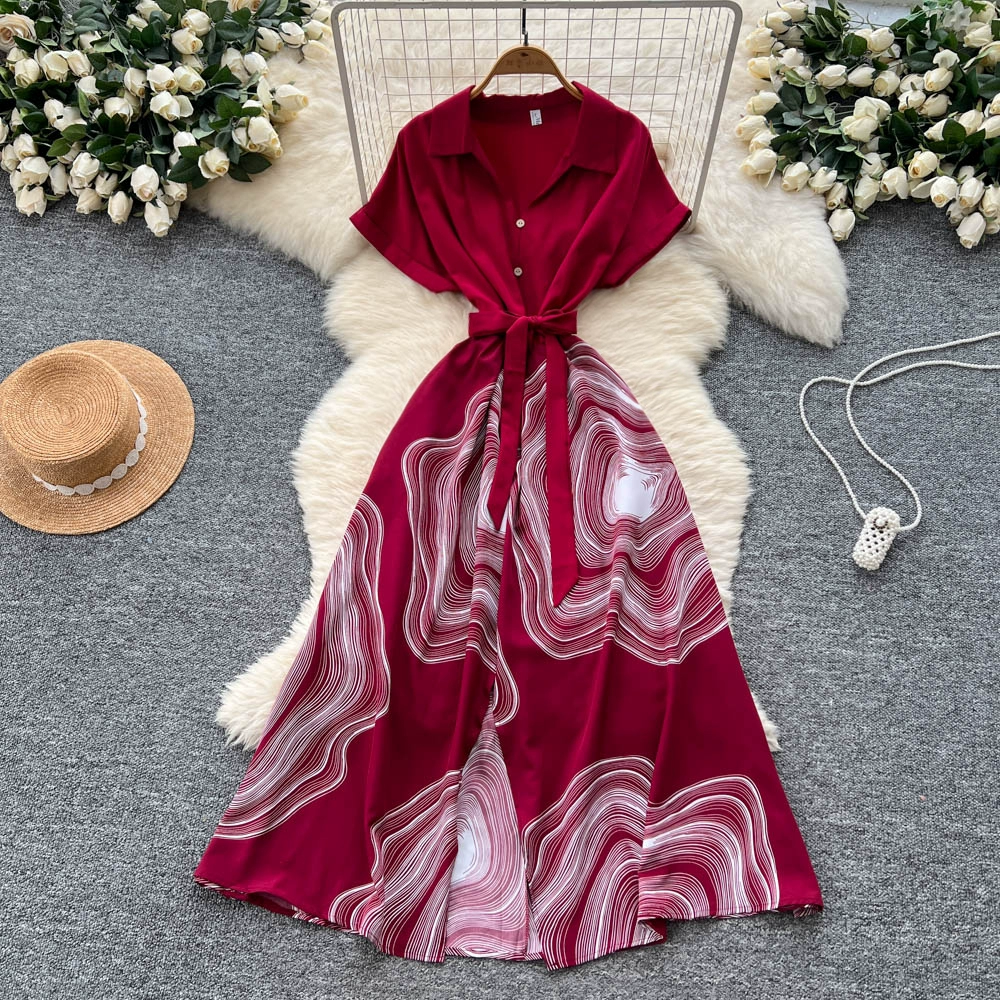 Strappy waist lapel short-sleeved printed dress - Image 2