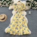 French design square neck strap waist puff sleeve printed dress - yellow