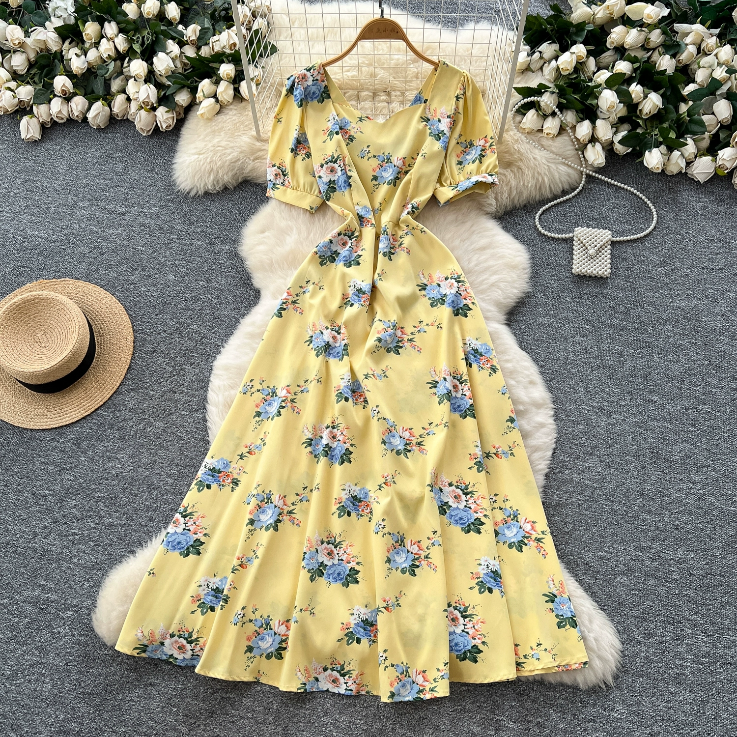 French design square neck strap waist puff sleeve printed dress - Image 8