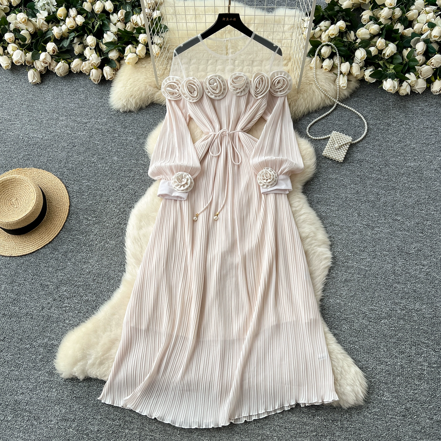 French high-end three-dimensional flower mesh splicing long-sleeved waist pleated dress - Image 3