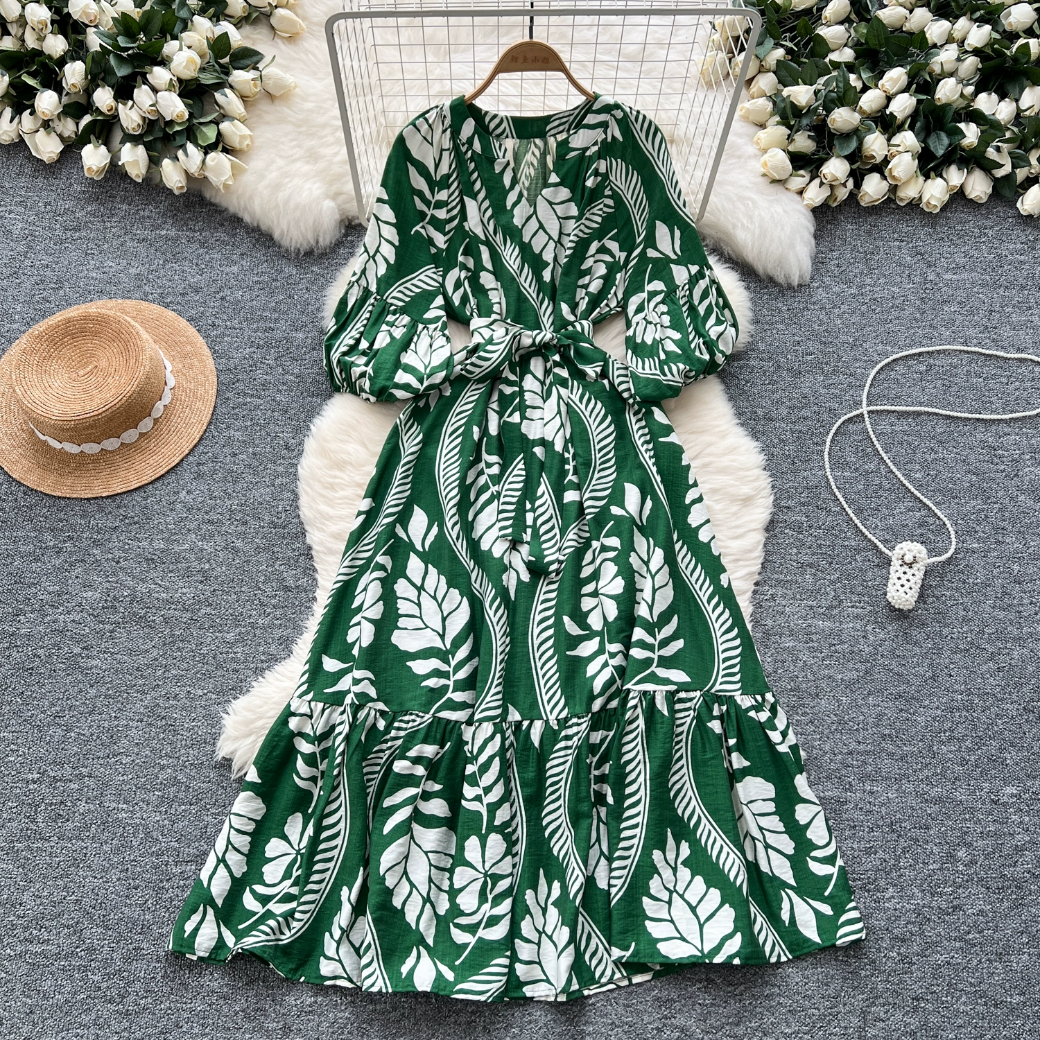 Retro V-neck Lantern Sleeves Belted Waist Temperament French Long Print Dress - Image 7