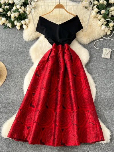 One-shoulder patchwork waist jacquard large swing puffy dress