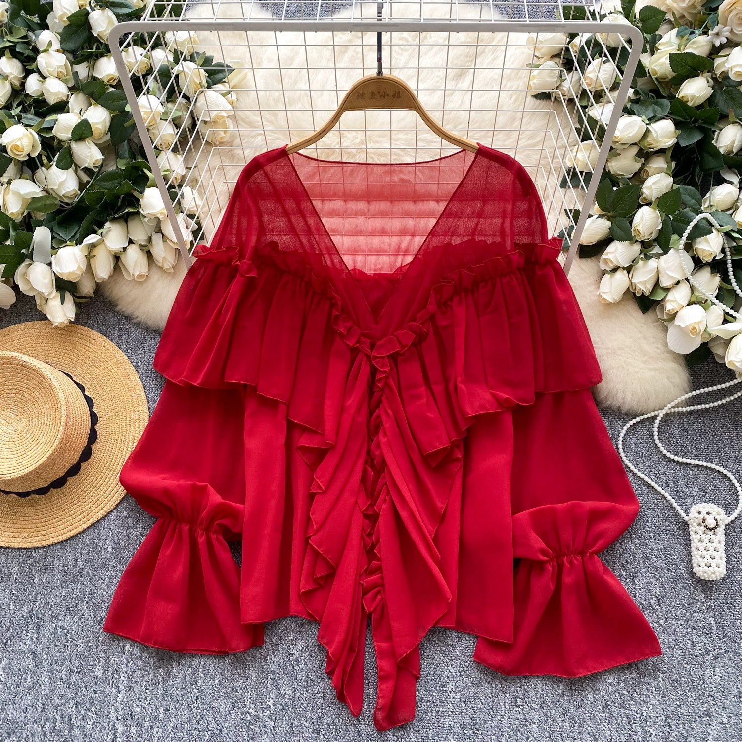 Ruffled trim, bell sleeves, chiffon blouse, loose fit. - Image 5