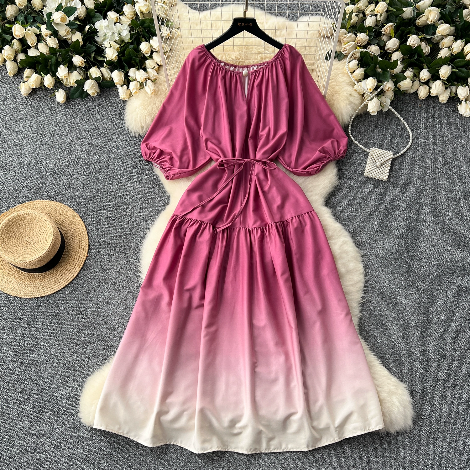 Hollow round neck lantern sleeve waist waist gradient long skirt - Image 10