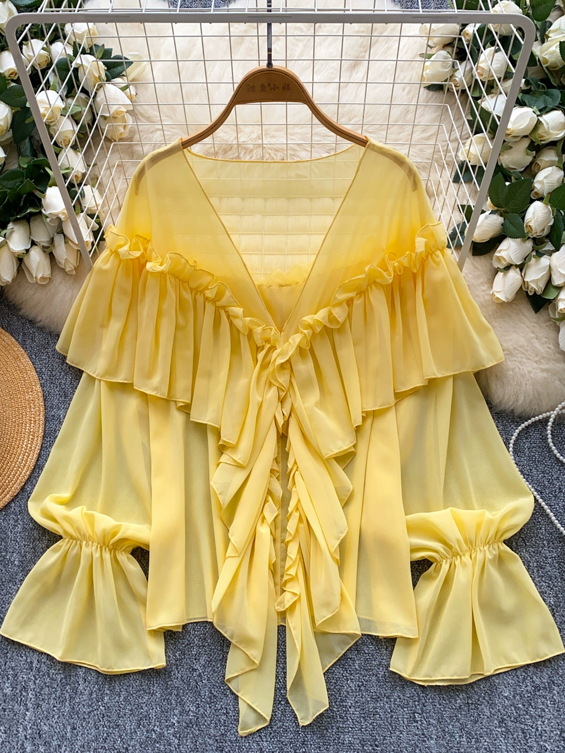 Ruffled trim, bell sleeves, chiffon blouse, loose fit. - Image 2