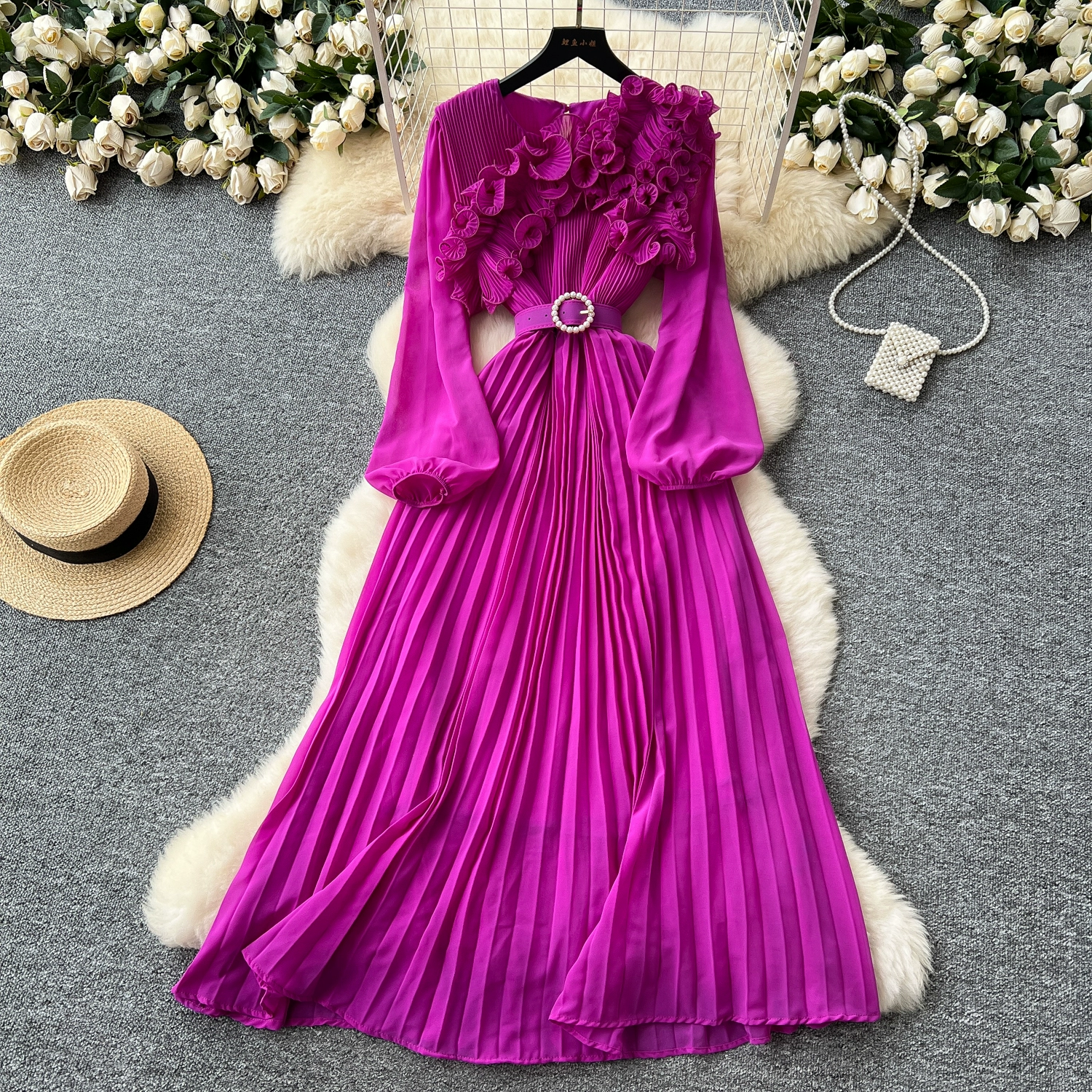 Three-dimensional lace lantern sleeve strap waist slimming pleated dress - Image 5