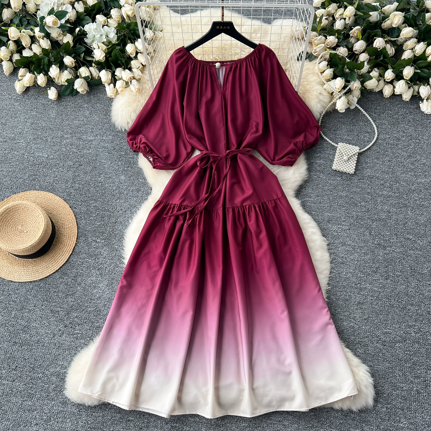 Hollow round neck lantern sleeve waist waist gradient long skirt - Image 4