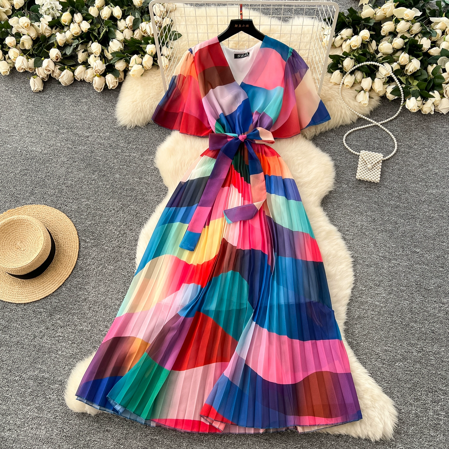 V-neck trumpet sleeves slimming temperament printed chiffon dress - Image 6
