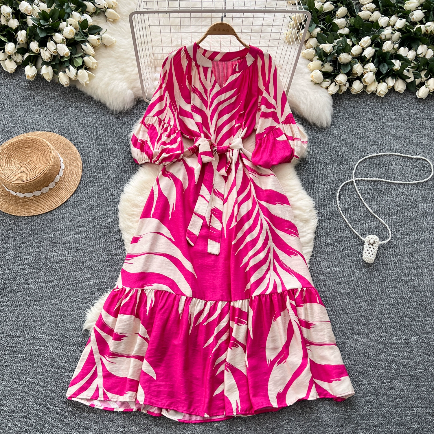 Retro V-neck Lantern Sleeves Belted Waist Temperament French Long Print Dress - Image 3