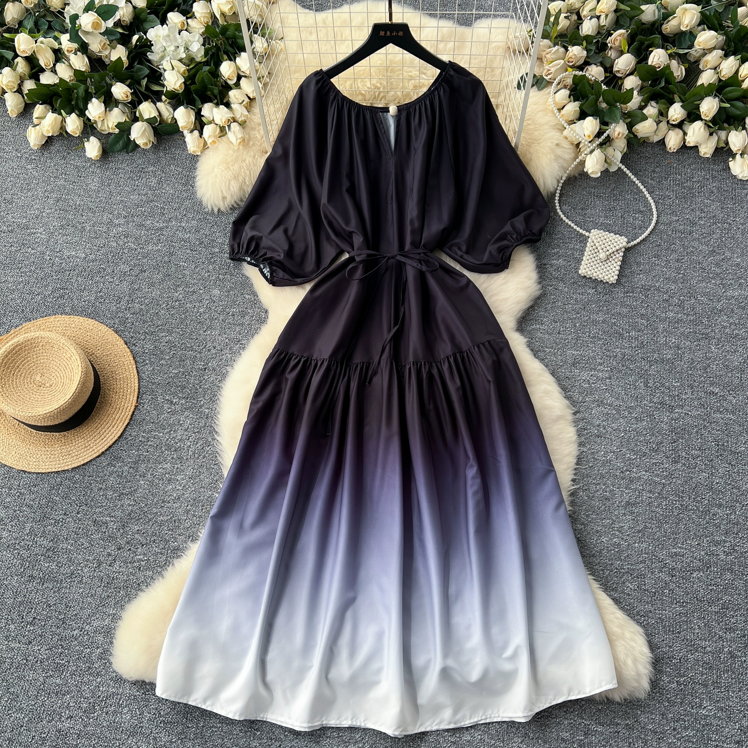 Hollow round neck lantern sleeve waist waist gradient long skirt - Image 9