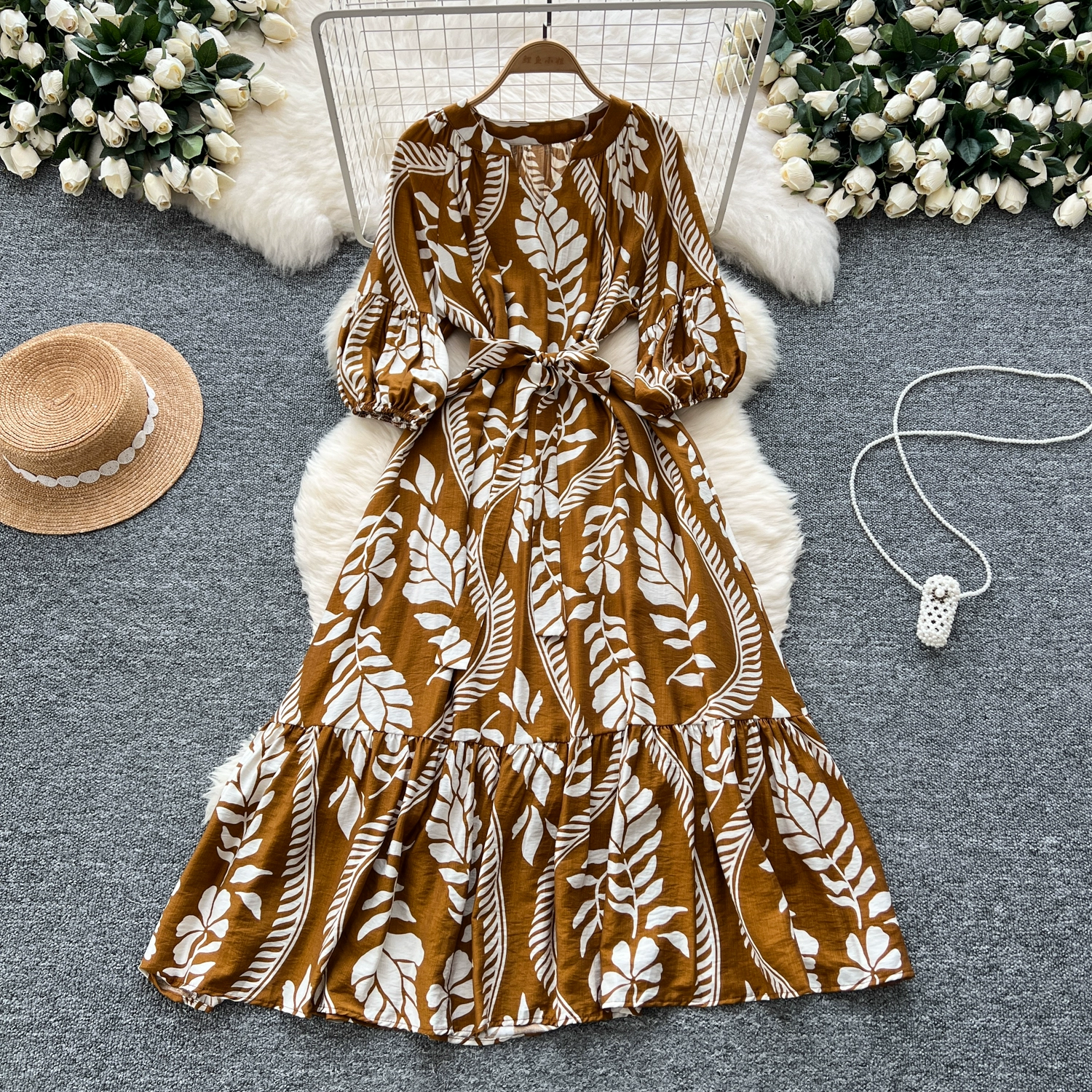 Retro V-neck Lantern Sleeves Belted Waist Temperament French Long Print Dress - Image 2