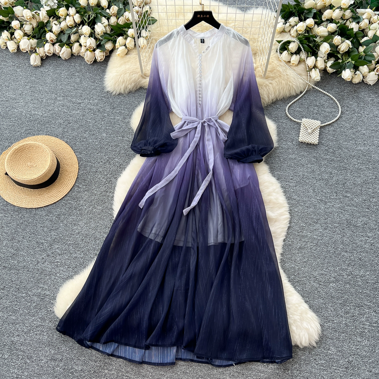 Gradient mesh long skirt with suspenders - Image 4