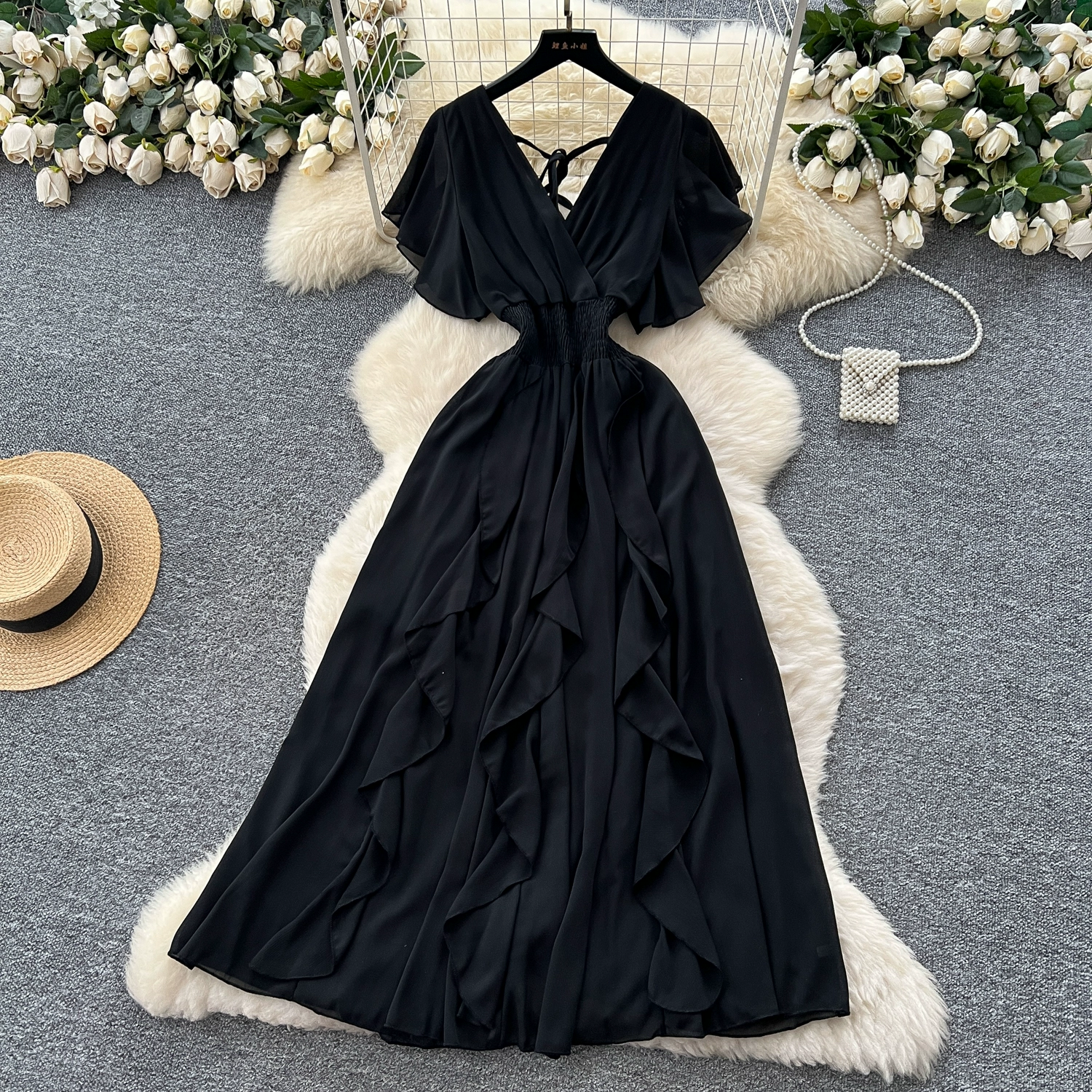 V-neck small flying sleeves waist chiffon dress - Image 2