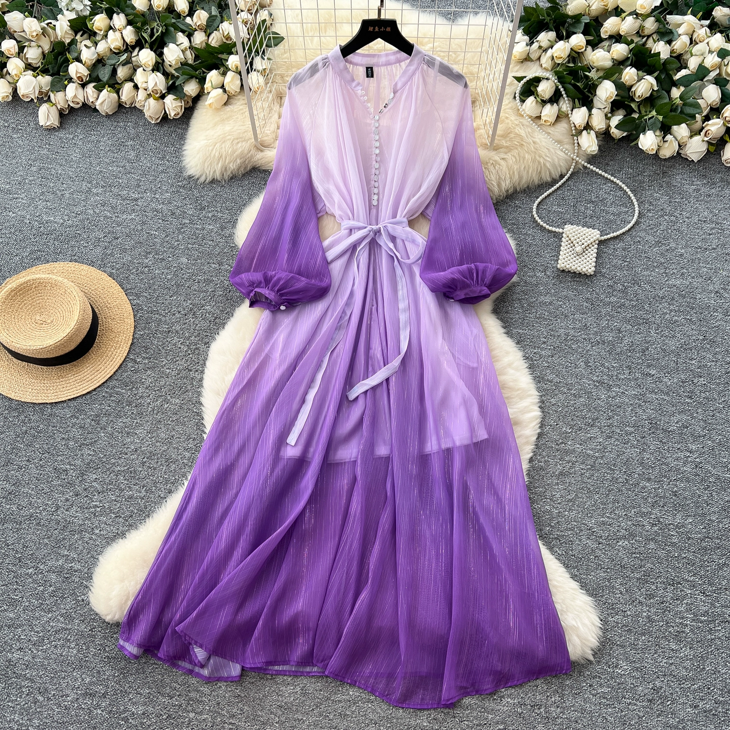 Gradient mesh long skirt with suspenders - Image 3