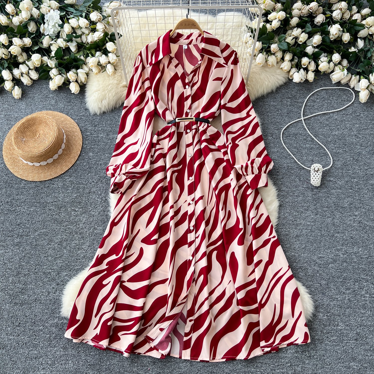 Autumn French retro print dress