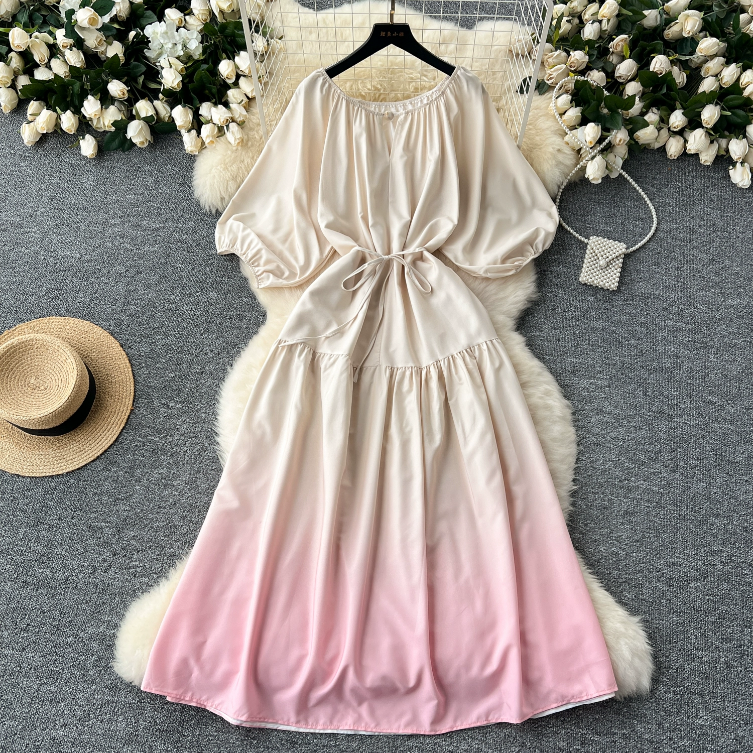 Hollow round neck lantern sleeve waist waist gradient long skirt - Image 6