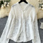 Sweet heavy industry leaf embroidery cardigan versatile long-sleeved top - White