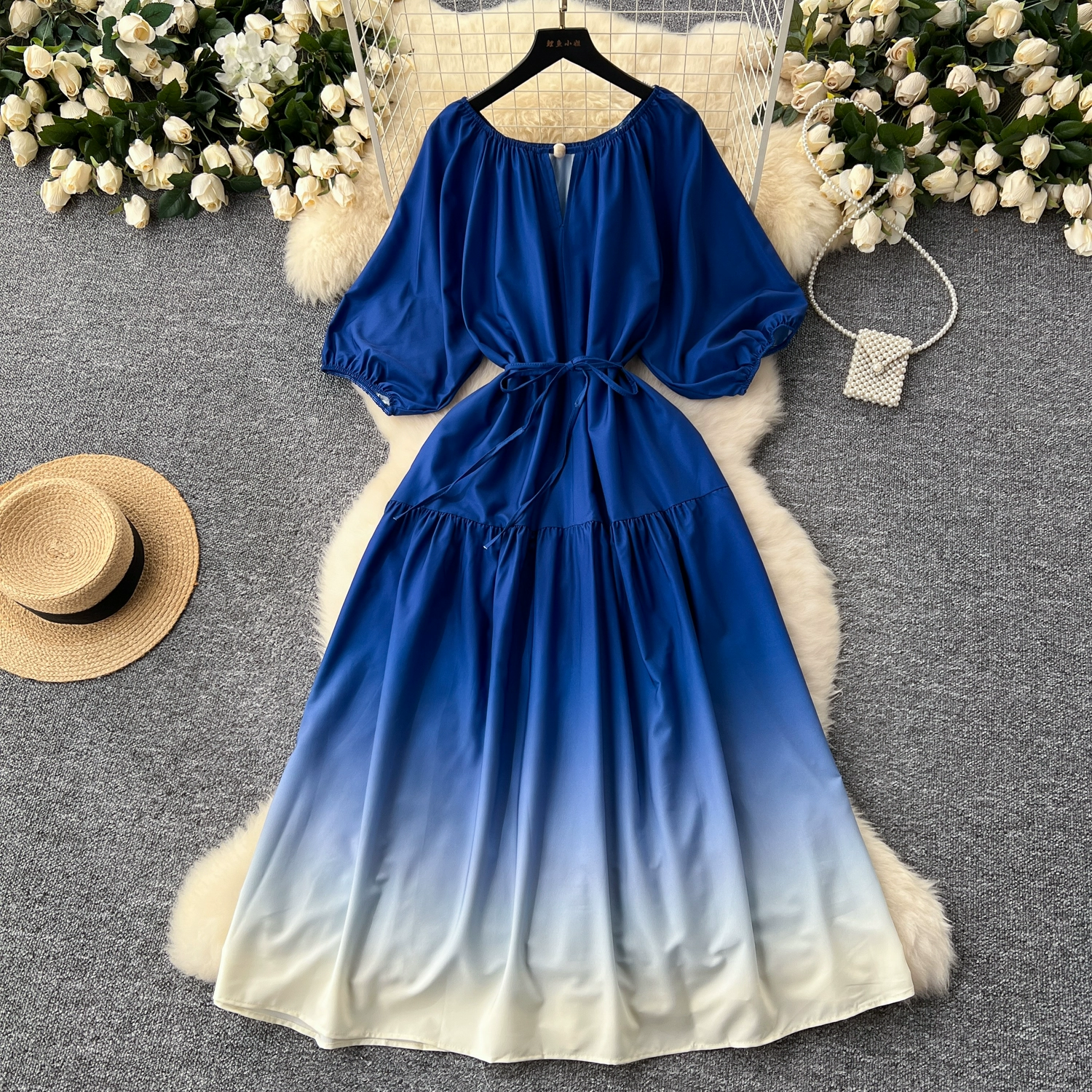 Hollow round neck lantern sleeve waist waist gradient long skirt - Image 7