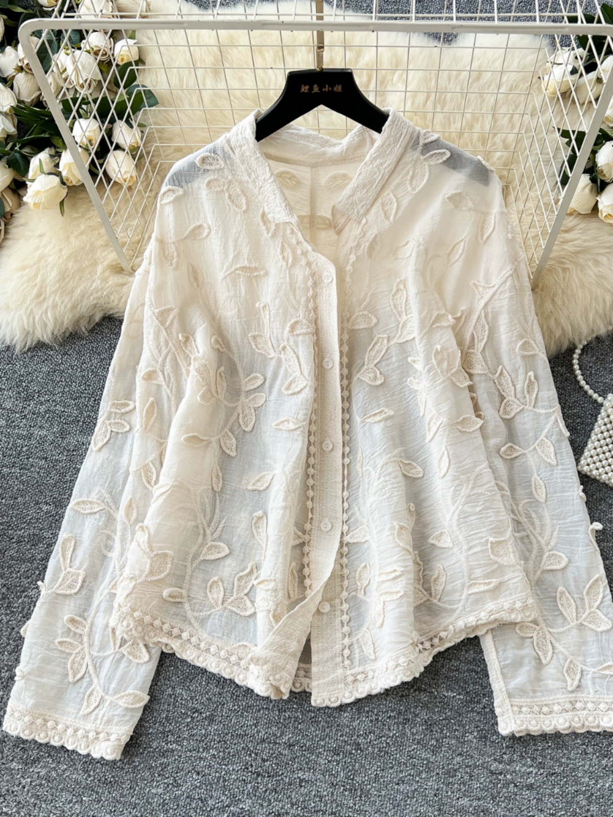 Sweet heavy industry leaf embroidery cardigan versatile long-sleeved top