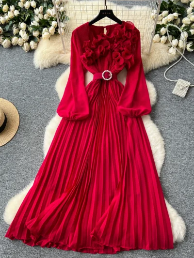 Three-dimensional lace lantern sleeve strap waist slimming pleated dress