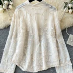Sweet heavy industry leaf embroidery cardigan versatile long-sleeved top - apricot