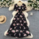 French design square neck strap waist puff sleeve printed dress - black