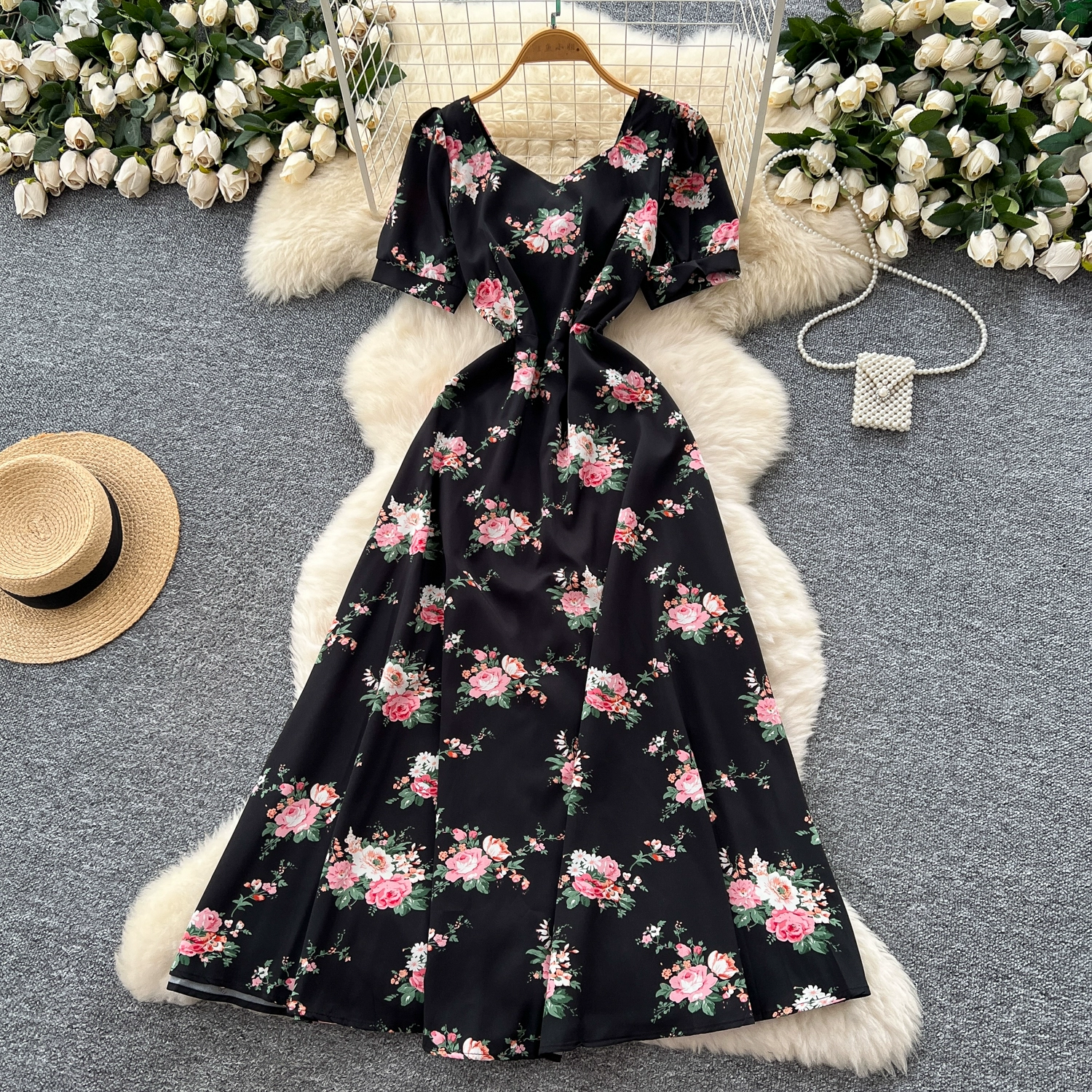 French design square neck strap waist puff sleeve printed dress - Image 2