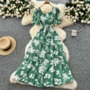 French design square neck strap waist puff sleeve printed dress - White flowers on green background