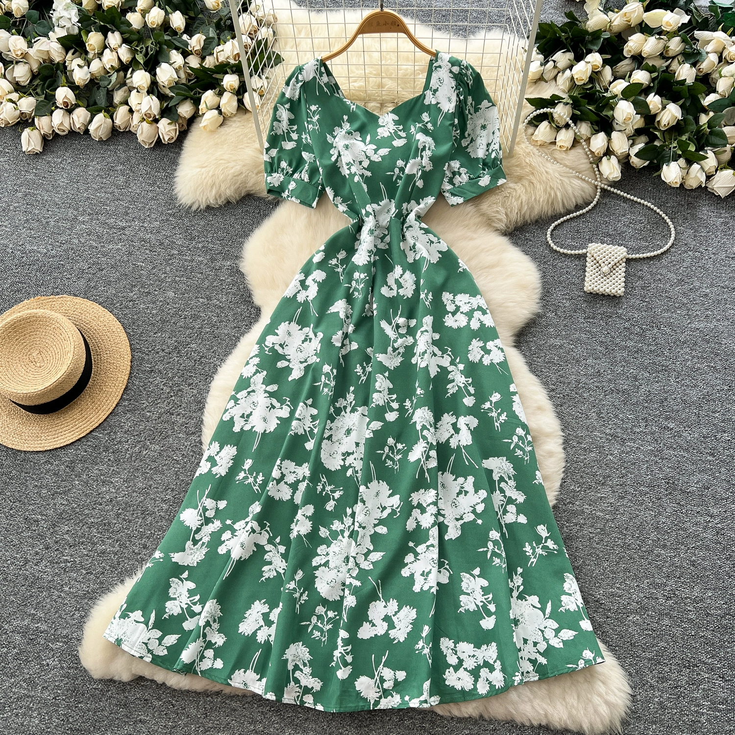 French design square neck strap waist puff sleeve printed dress - Image 9