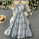 Retro elegant lace embroidery waist long dress - blue