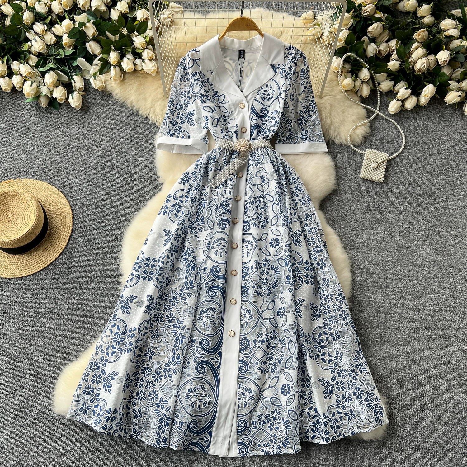 Retro elegant lace embroidery waist long dress - Image 2