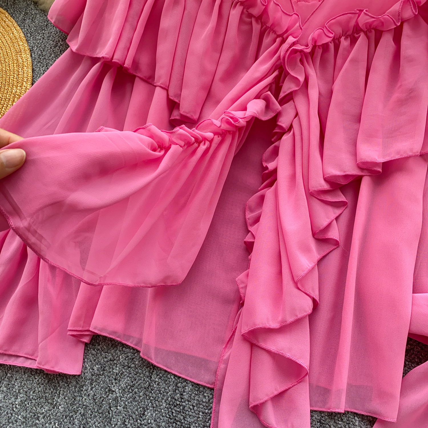 Ruffled trim, bell sleeves, chiffon blouse, loose fit. - Image 9