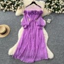 French high-end three-dimensional flower mesh splicing long-sleeved waist pleated dress - Purple