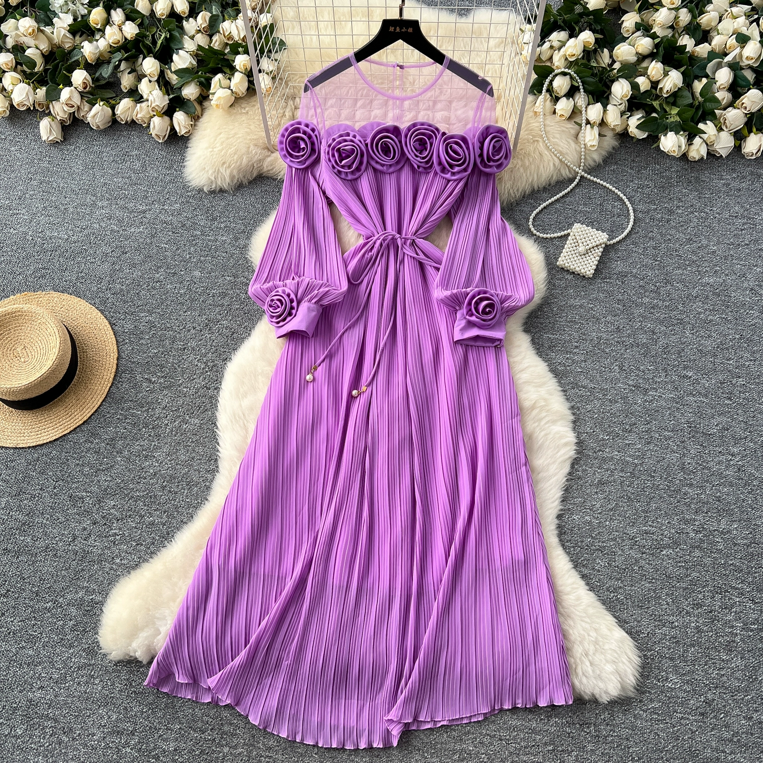 French high-end three-dimensional flower mesh splicing long-sleeved waist pleated dress - Image 4