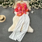 High-waisted wide-leg pants and fashionable two-piece suit - Image 4