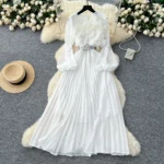 Three-dimensional lace lantern sleeve strap waist slimming pleated dress - Image 4