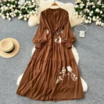 Tie-waist, single-breasted, slimming, elegant long dress with rose embroidery. - Image 5