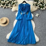 Three-dimensional lace lantern sleeve strap waist slimming pleated dress